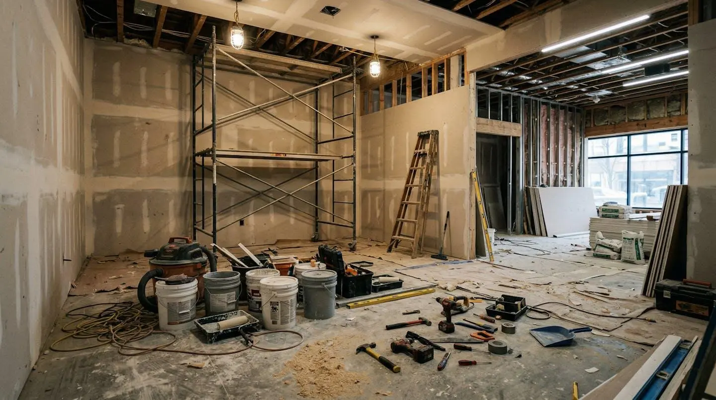 Pièce en cours de rénovation avec outils et échafaudage