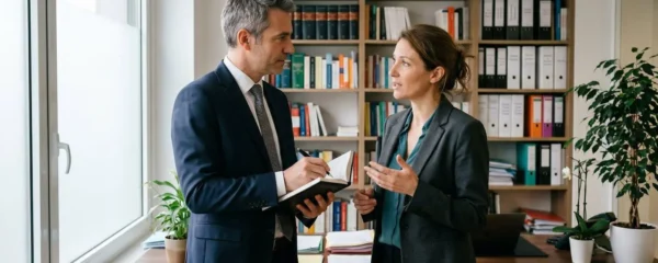Commissaire de justice en discussion professionnelle avec un client dans un bureau à Toulouse