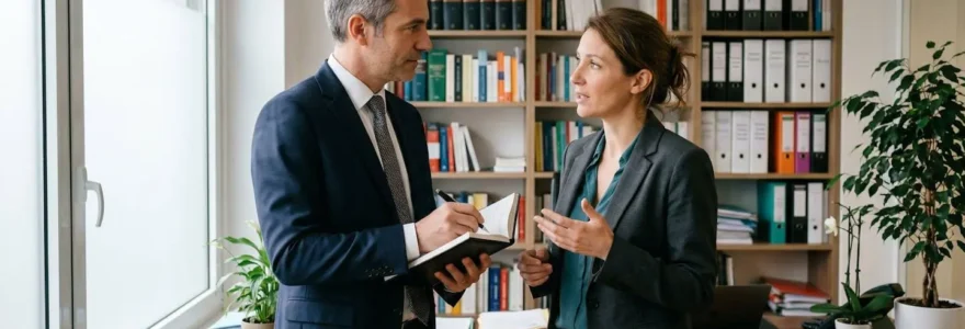 Commissaire de justice en discussion professionnelle avec un client dans un bureau à Toulouse