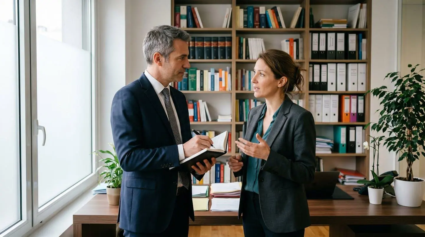 Commissaire de justice en discussion professionnelle avec un client dans un bureau à Toulouse