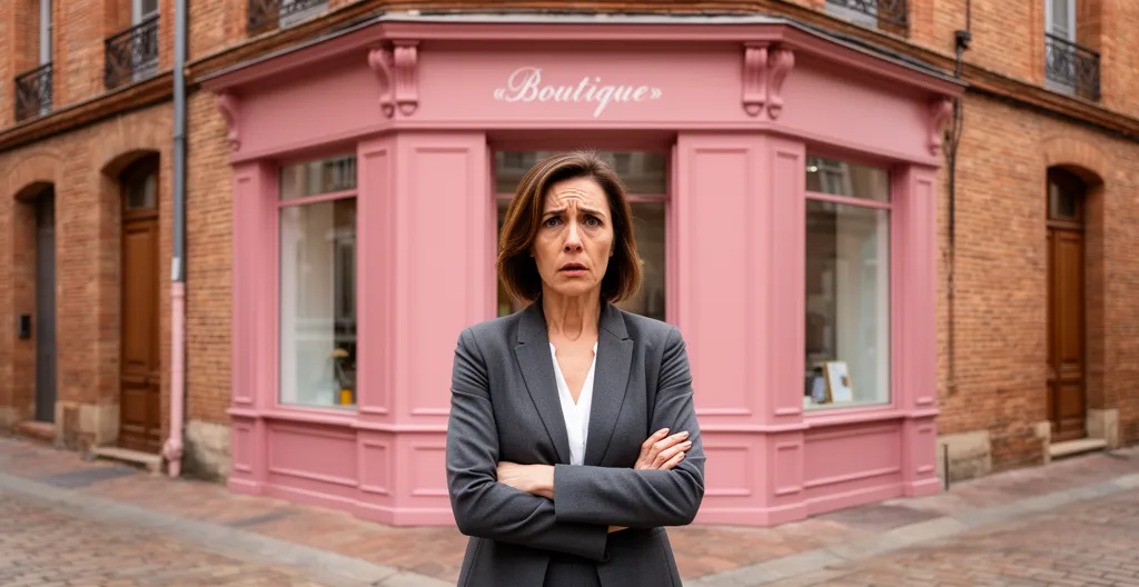 Entrepreneure devant son commerce toulousain avec expression préoccupée