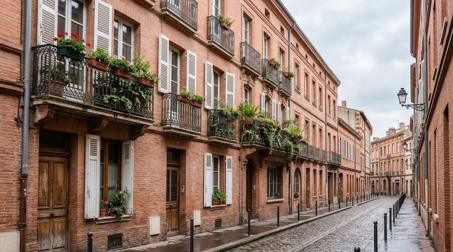Façade d'immeuble résidentiel en briques roses typique de Toulouse