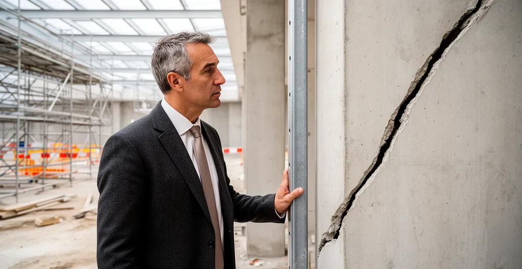 Commissaire de justice inspectant un dommage sur chantier de construction