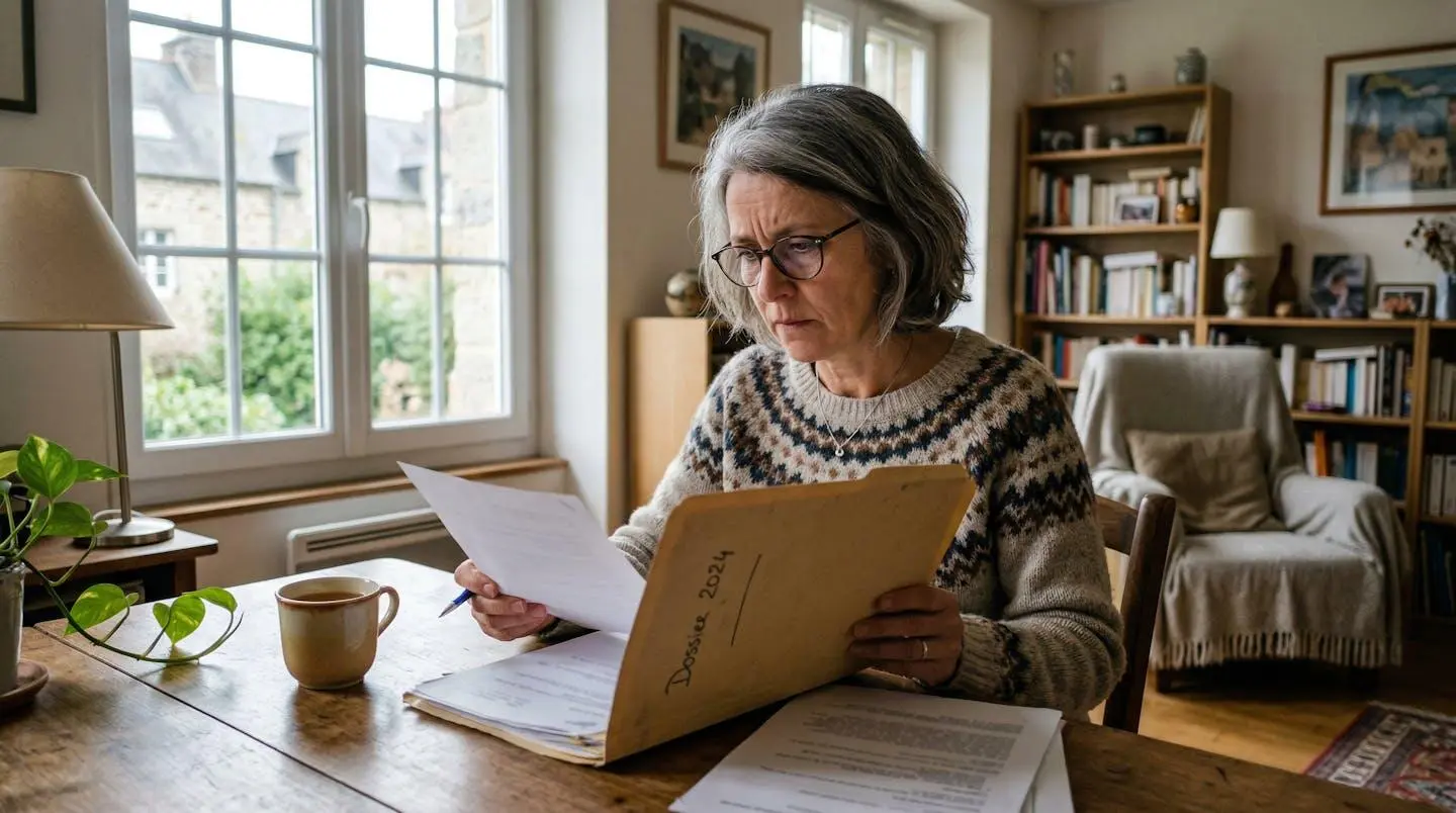 Propriétaire consultant un dossier dans son salon avec expression concentrée