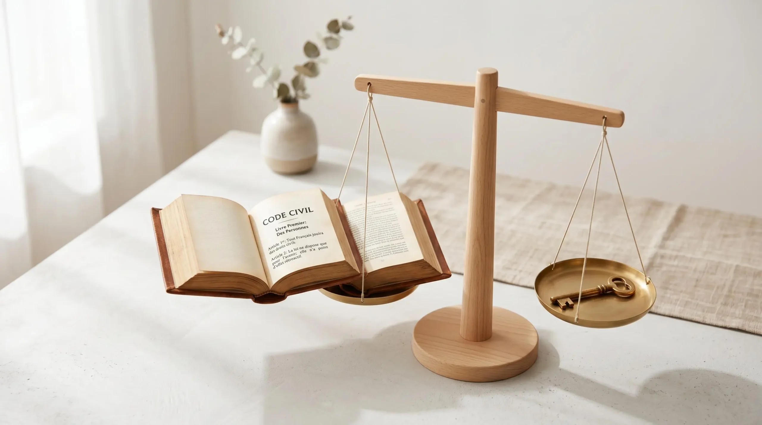 Balance de justice en bois clair parfaitement équilibrée avec un livre de droit ouvert d'un côté et une clé dorée de l'autre, sur fond neutre minimaliste symbolisant l'accès égalitaire à la justice.