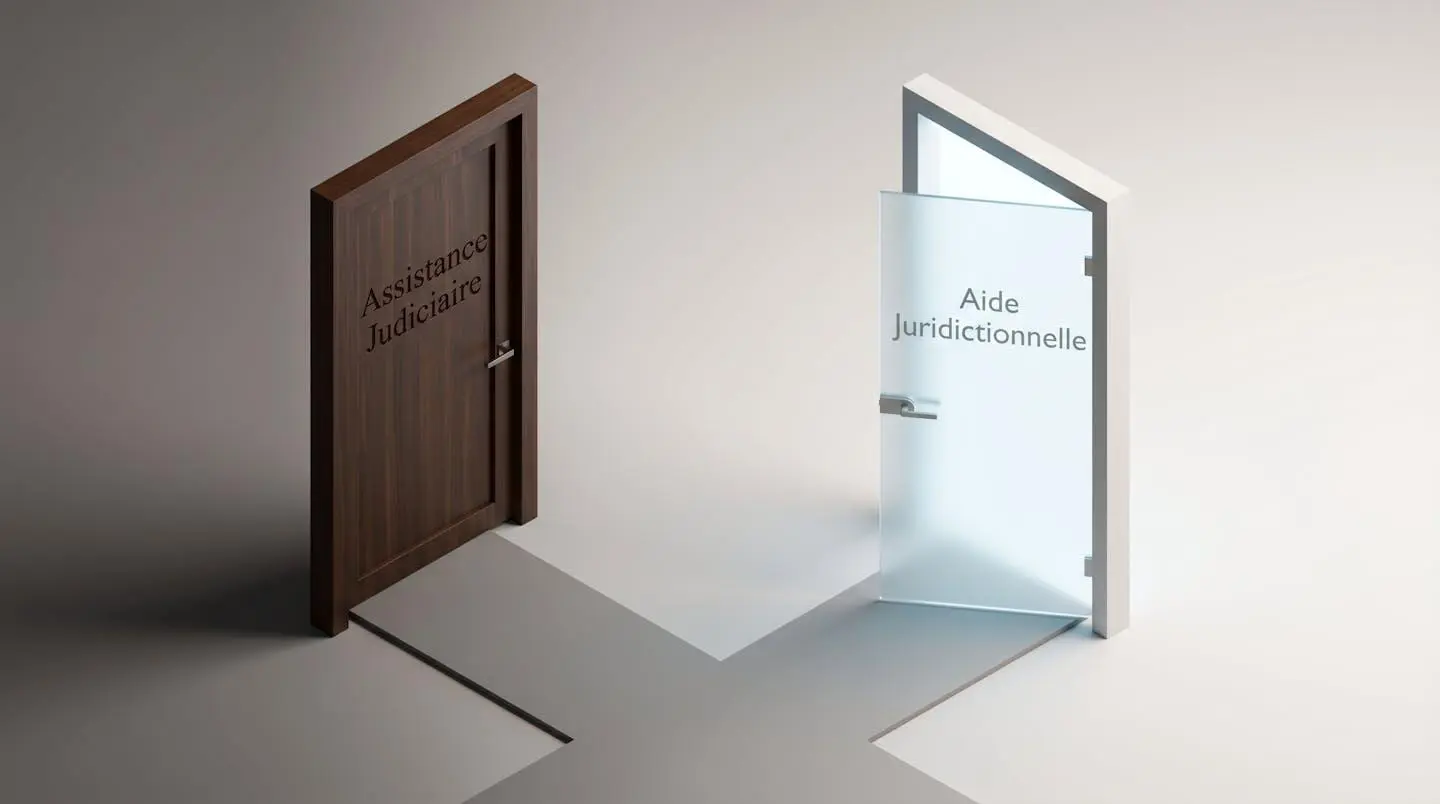 Illustration 3D isométrique montrant deux portes symboliques : à gauche, une porte ancienne en bois sombre marquée 'Assistance Judiciaire' semi-fermée, à droite une porte moderne lumineuse en verre marquée 'Aide Juridictionnelle' ouverte, reliées par un chemin représentant la réforme de 1991.