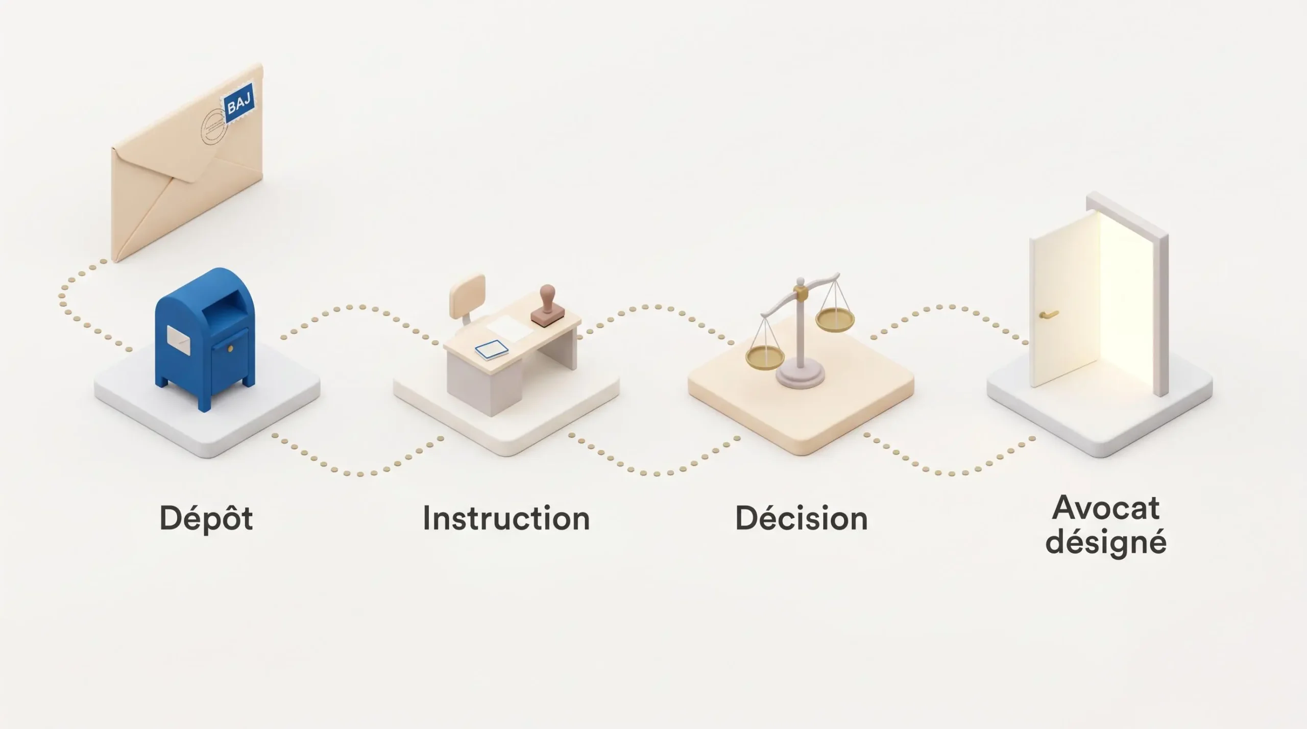 Illustration 3D isométrique d'un circuit administratif montrant une enveloppe de dossier BAJ traversant quatre stations : dépôt (boîte aux lettres bleue), instruction (bureau avec tampon), décision (balance de justice), avocat désigné (porte ouverte lumineuse), sur fond pastel institutionnel.