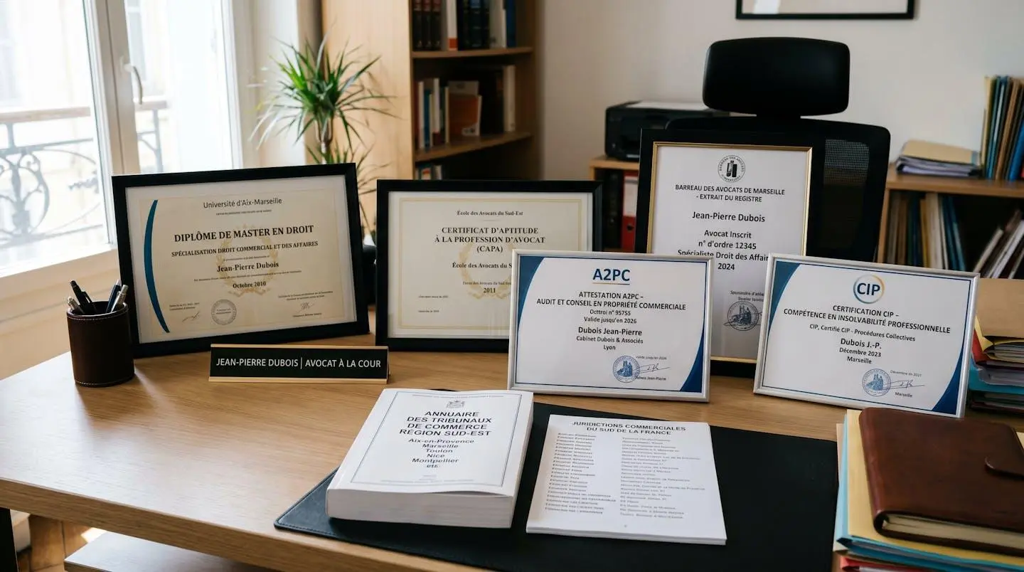Bureau d'avocat spécialisé avec diplômes, certificats A2PC et CIP, et registre du barreau montrant les preuves de spécialisation