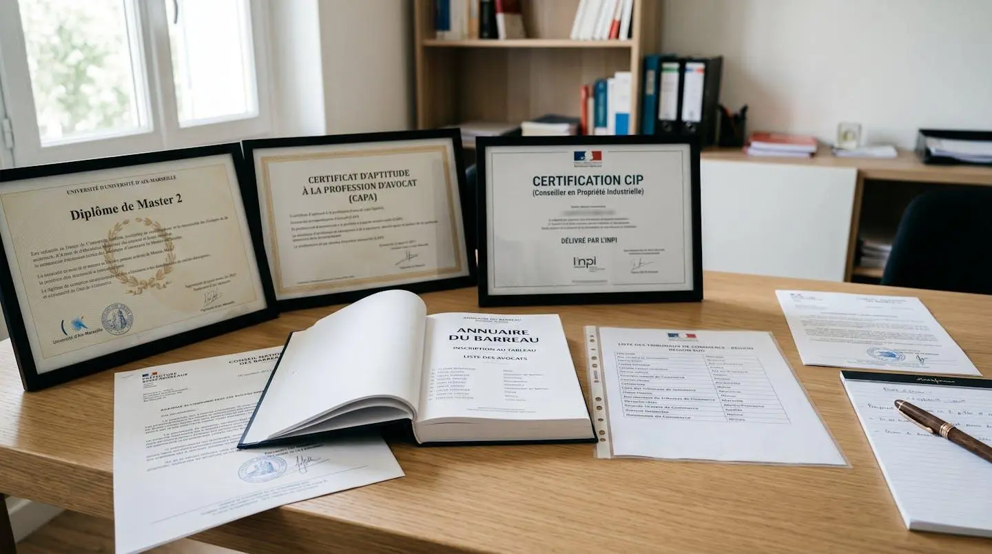 Bureau d'avocat spécialisé avec diplômes, certificats A2PC et CIP, et registre du barreau montrant les preuves de spécialisation