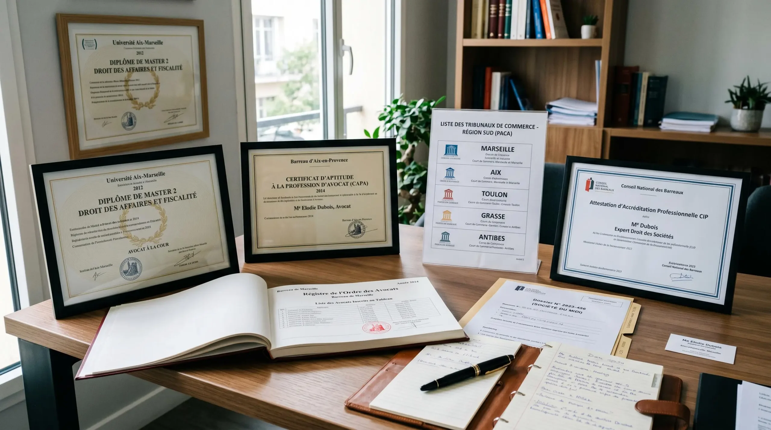 Bureau d'avocat spécialisé avec diplômes, certificats A2PC et CIP, et registre du barreau montrant les preuves de spécialisation