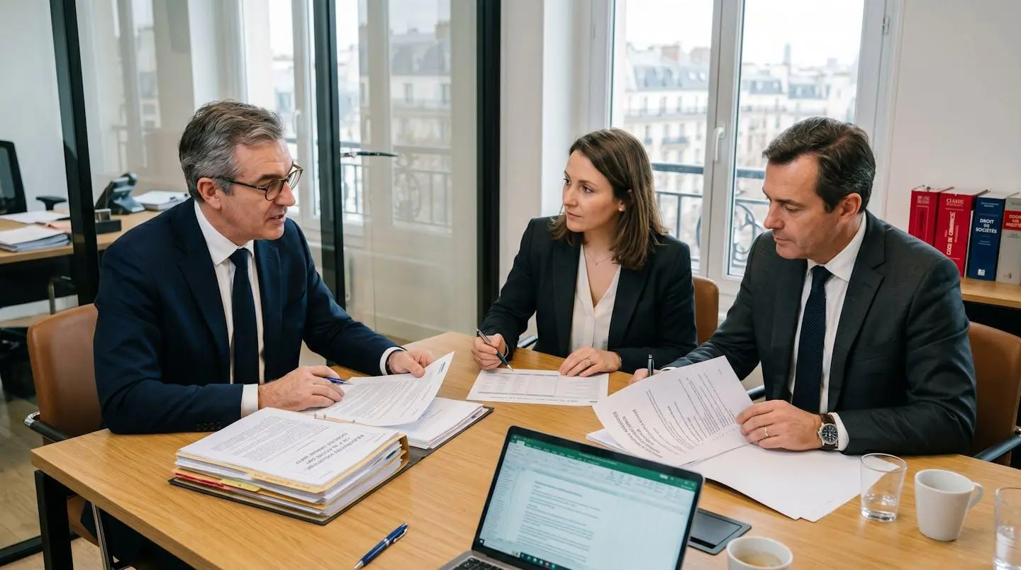 Réunion de coordination entre avocat spécialisé, expert-comptable et mandataire judiciaire autour d'un dossier de procédure collective