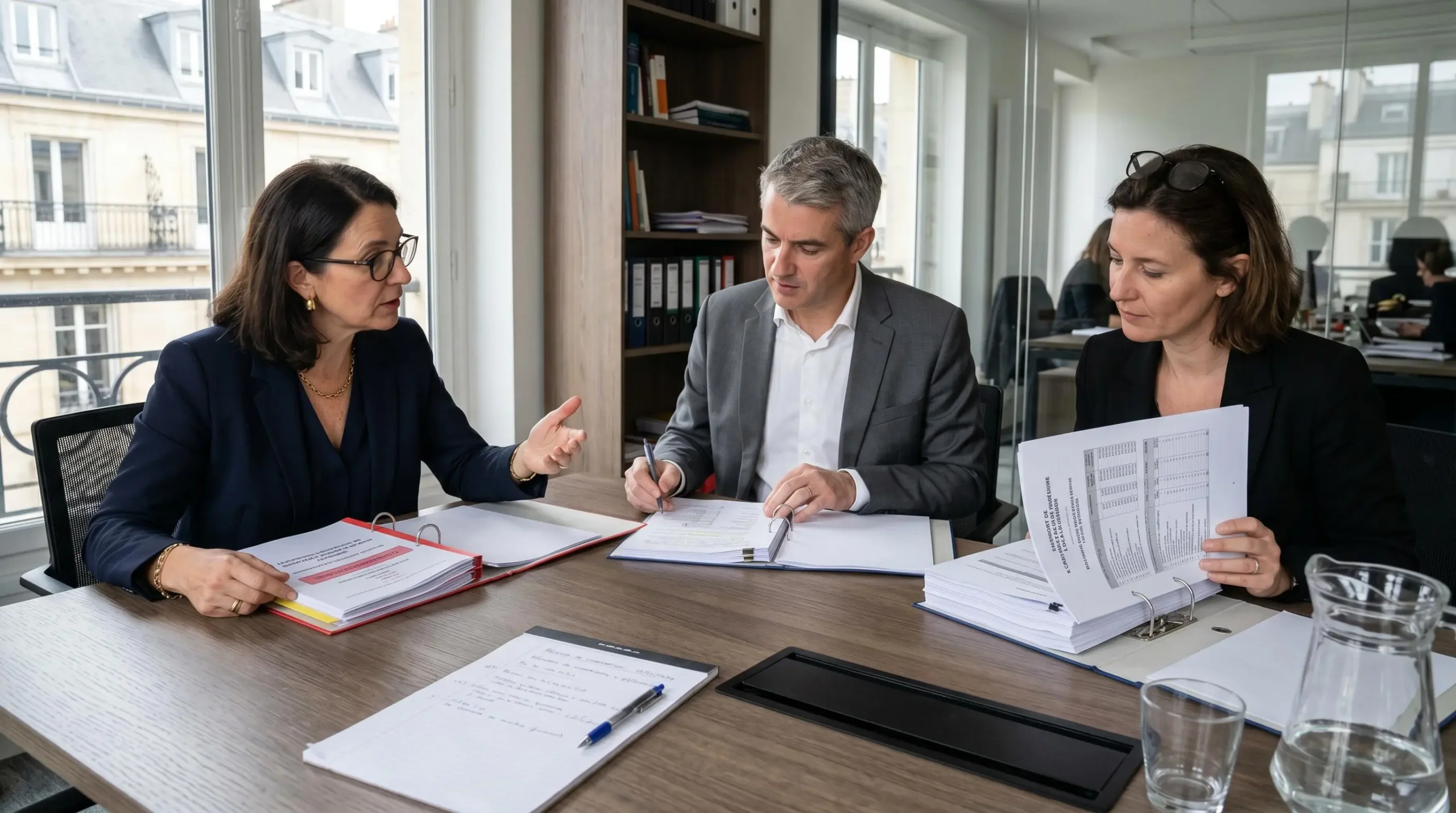Réunion de coordination entre avocat spécialisé, expert-comptable et mandataire judiciaire autour d'un dossier de procédure collective