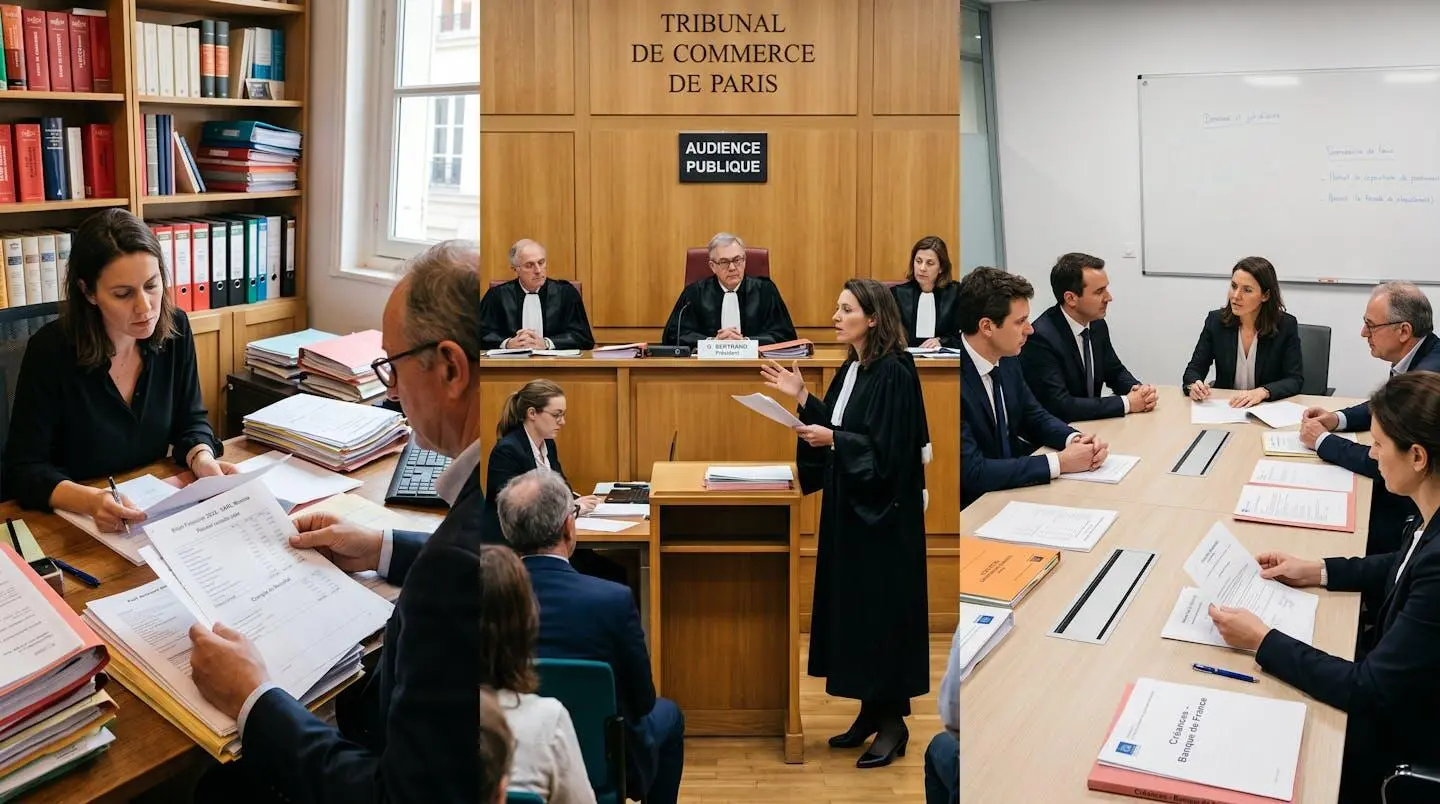 Trois phases d'intervention d'un avocat spécialisé : consultation préventive, représentation en audience, négociation post-jugement avec créanciers