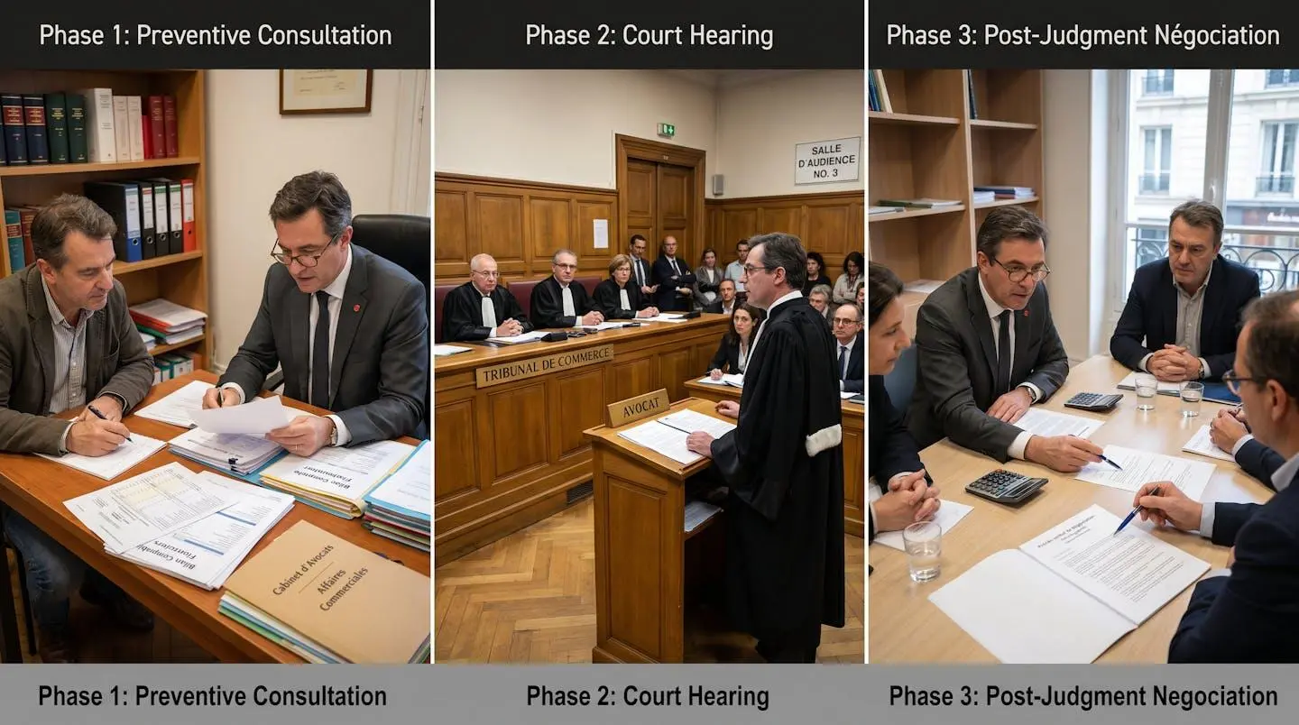 Trois phases d'intervention d'un avocat spécialisé : consultation préventive, représentation en audience, négociation post-jugement avec créanciers