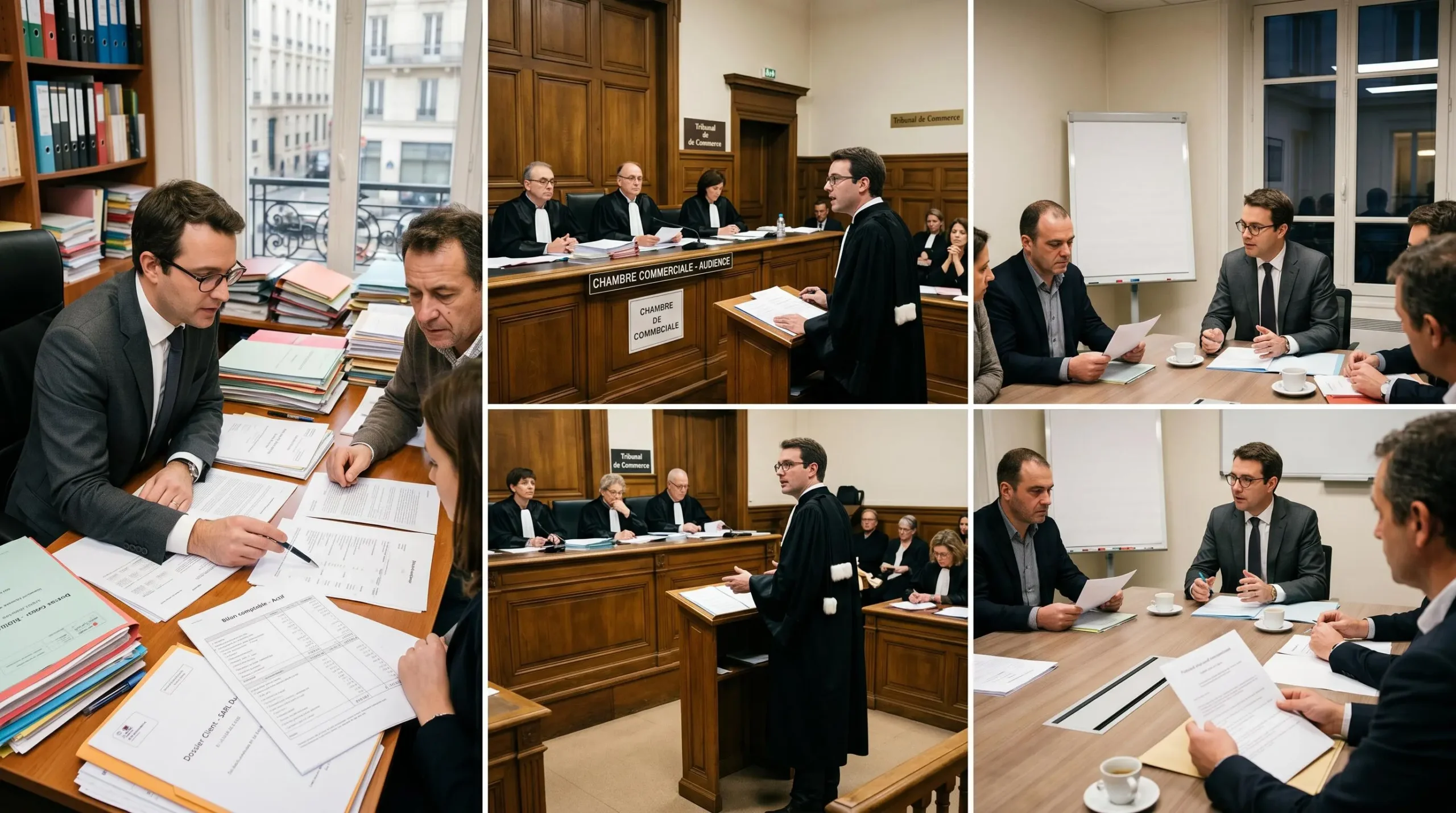 Trois phases d'intervention d'un avocat spécialisé : consultation préventive, représentation en audience, négociation post-jugement avec créanciers